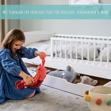 Дитяче ліжко Kids Collective 70x140 см з шухлядою, рейковою основою та захисними поручнями білого кольору, з ящиком для ліжка, Зроблено в Європі. Дитяче ліжко до 6 років 70 x 140 см без матраца, біле.