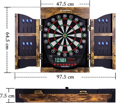 Професійний набір електронних дротиків WIN.MAX з 354 варіантами, 3 мови німецька, англійська, французька, для 1-8 гравців з 12 дротиками, коричневий