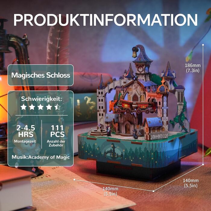 Музична шкатулка Tonecheer Дерев'яний 3D-пазл, набір моделей сім'ї котів своїми руками для дорослих, обертова музична шкатулка, дерев'яна головоломка Подарунки для прикраси будинку Подарунок на день народження Різдвяний підліток (Чарівний замок)