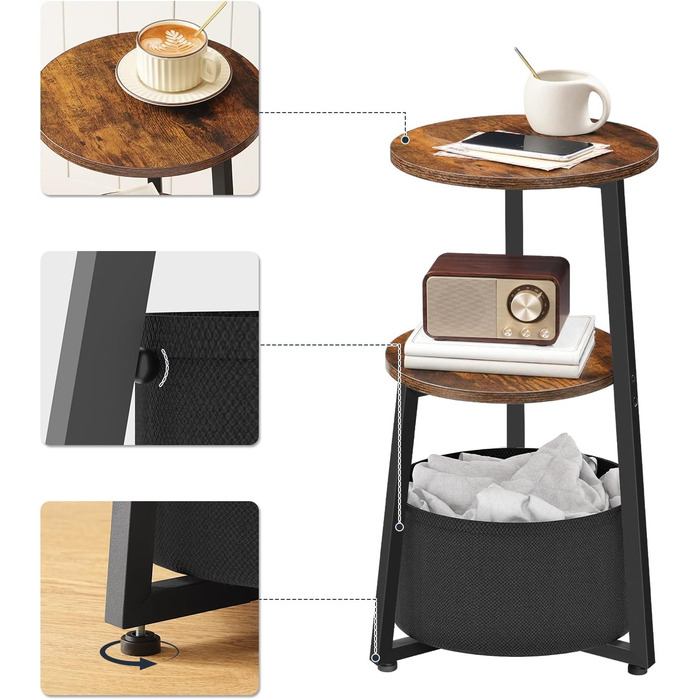 Круглий бічний столик HOOBRO, трирівнева тумбочка з полицями та тканинною кишенею, журнальний столик для невеликих приміщень, столик-диван, столик для перекусу, для вітальні, спальні, вінтажний коричневий та чорний EBFB169BZ01