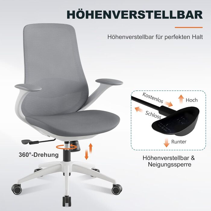 Ергономічне офісне крісло, обертове стільце для столу, регульовані підлокітники, поперекова підтримка, газова пружина, функція нахилу спинки, широке сидіння 68,5 см для офісу, домашнього офісу, кабінету, без підставки для ніг - Gery