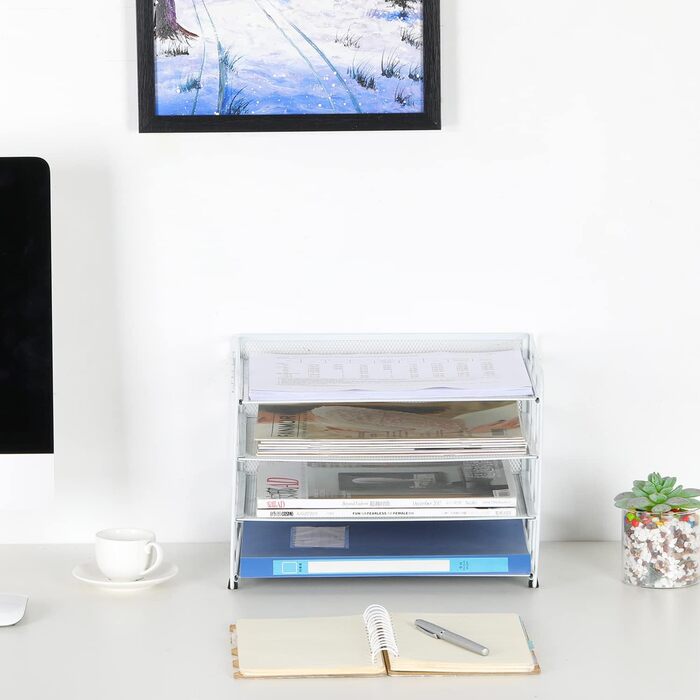 Металевий офісний органайзер EasyPAG з 4 відділеннями A4, тримач для документів, лоток для файлів, тримач для журналів, лоток для листів, органайзер для паперових журналів, білий