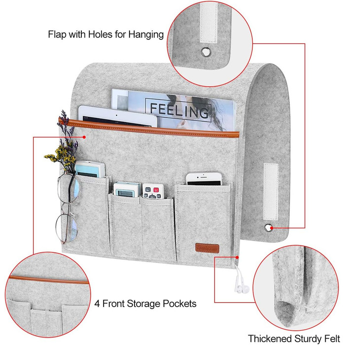 Сумка-органайзер для підлокітника дивана SIMBOOM з 4 тримачами для пульта дистанційного керування, повстяна сумка-ліжко для зберігання сумки для телефону Журнали Окуляри - світло-сірий