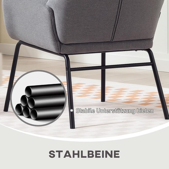 Крісло HOMCOM Wingback, крісло для вітальні, крісло для відпочинку, крісло-реклайнер з високою спинкою, сталеві ніжки, м&39яке крісло з лляним виглядом, крісло для читання для спальні, темно-сірий