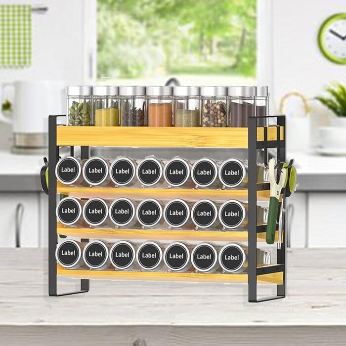 Рівнева дерев&39яна підставка для спецій, стояча підставка для спецій, на 35 пляшечок зі спеціями (скло не входить до комплекту), для кухонь, шаф, комор, стільниць, органайзер для спецій., 4-