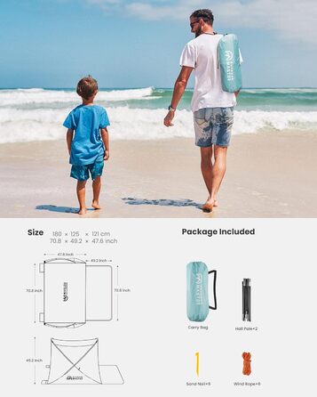 Пляжний намет OutdoorMaster для 3 осіб легке встановлення та портативний, пляжний тінь, захист від сонця, тент із захистом від ультрафіолету UPF 50, знімне мансардне вікно, сімейний розмір, світло-зелений