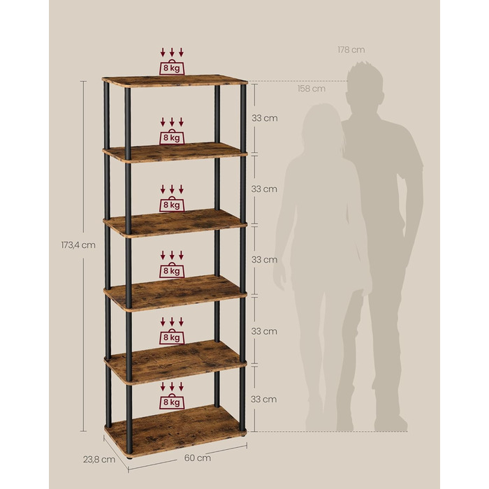 Надзвичайно швидке складання без інструментів, 6-рівнева полиця, окремостояча полиця для зберігання, 23,8 x 60 x 173,4 см, вітальня, спальня, кухня, вінтажний коричнево-чорний колір LLS166K01 6 рівнів (60Ш см)