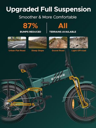 Чоловічий складний електровелосипед ENGWE E-Bike з товстими шинами 20x4.0 дюймів, знімним акумулятором 16Ah, великим запасом ходу до 150 км/110 км, повною підвіскою, 8 швидкостей, двигуном Engine Pro/Engine Pro 2.0 Black YS-9043-1 ENGINE Pro 2.0