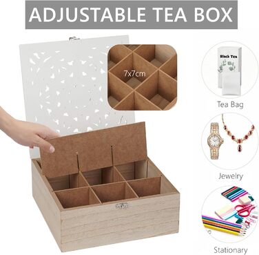 Чайні коробки для чайних пакетиків, дерев&39яна чайна скринька з 9 відділеннями, коробка для зберігання чайних пакетиків з кришкою з різьбленим квітковим орнаментом ручної роботи, біла