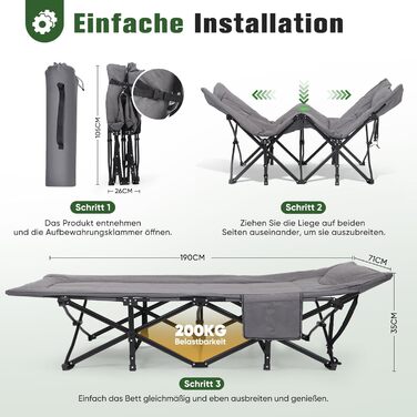 Розкладне кемпінгове ліжко Sekey з подушкою та бічною кишенею, до 190 x 71 x 36 см, надзвичайно широка спальна поверхня, кемпінговий шезлонг/шезлонг для використання на вулиці та в приміщенні ідеально підходить для саду, кемпінгу, фестивалів та подорожей,