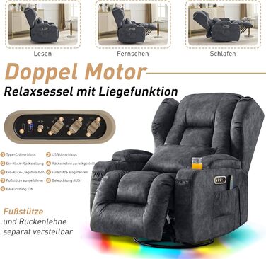 Моторне електричне регульоване крісло-реклайнер з функцією нахилу, поворотне крісло для телевізора з масажем та підігрівом, крісло для кінотеатру з USB/LED/Type C, до 150 кг (оксамитово-сірий, 1) Оксамитово-сірий 1, 2-