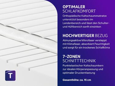 Ортопедичний 7-зонний матрац Traumnacht Basis з холодної піни для всіх типів сну, рівень жорсткості 4 (H4 - жорсткий), 140 x 200 см, білий, сертифікований Oeko-Tex, виготовлений відповідно до німецьких стандартів якості. Рівень жорсткості H4 - жорсткий, 1