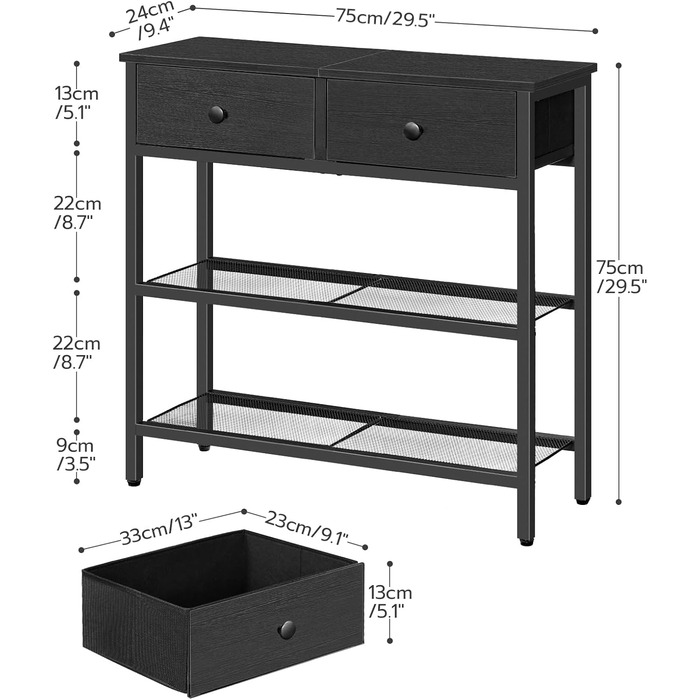 Вузький консольний столик HOOBRO, стіл для передпокою 75 см з шухлядою та 2-ярусними полицями, бічний столик, невеликий вітринний столик, столик-диван, для передпокою, для передпокою, чорний EBB72XG01