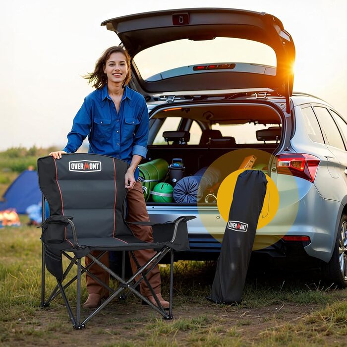 Великий складний кемпінговий стілець Overmont - Витримує до 204 кг - М&39який складний стілець з тримачем для напоїв, сумкою-холодильником, високою спинкою, чорний/сірий, 61 см x 61 см x 101 см