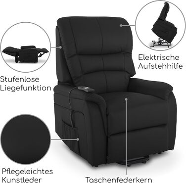Крісло під телевізор MACOShopde від MACO Mbel Raburg з функцією підйому та відкидання, електрично регульоване з 2 двигунами та дистанційним керуванням, пружинна основа з кишеньковим механізмом, елегантна штучна шкіра Jan Black Чорна штучна шкіра