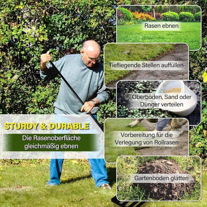 Гребінь для вирівнювання газону Garten L 2026, покращений, з нержавіючої сталі, з оптимізованим різьбовим зєднанням для запобігання ослабленню, регульований, для ґрунту, землі, догляду за газоном та ландшафтного дизайну 4525 см