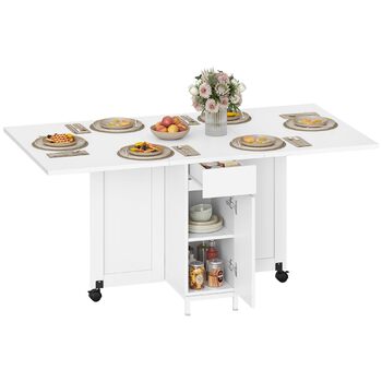 Обідній стіл Hzuaneri, розкладний обідній стіл на колесах, для 3-6 осіб, розкладний стіл з шухлядами, шафами та дворівневими відкритими полицями, підходить для невеликих приміщень, білий KT14003W