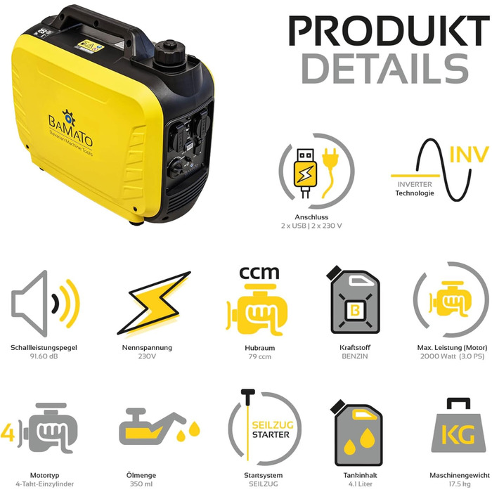 Інверторний генератор BAMATO BGE-2000I 2000 Вт Інверторна технологія 64,1 дБ(A) Дві розетки змінного струму 230 В та два USB-порти для швидкої зарядки 2,1 А