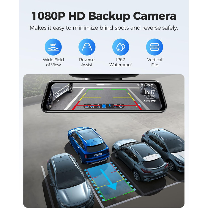 З камерою заднього виду, автомобільною камерою з Wi-Fi, 64 ГБ картою, подвійним дзеркалом IPS з сенсорним екраном, циклічним записом і G-сенсором, нічним баченням WDR, моніторингом паркування, GPS, 12&39 PG17 4K Mirror Dash Cam