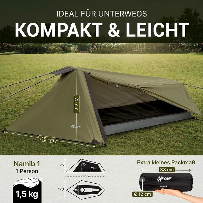 Намет EXPLORER Namib на 1 та 2 особи, малий розмір, надлегкий, для подорожей на велосипеді або мотоциклі, 1-2 особи, водяний стовп 3000 мм, з окремим внутрішнім наметом, для піших прогулянок, трекінгу, кемпінгу, 1 особа