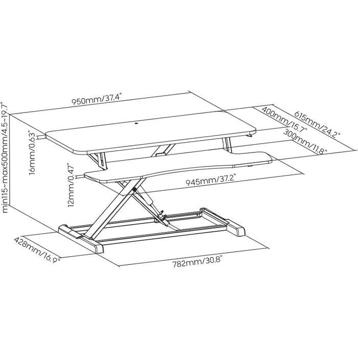 Підставка для столу Toboli з підставкою для клавіатури 95x40 см, регульована висота стільниці для ноутбуків 950x400x115500 мм