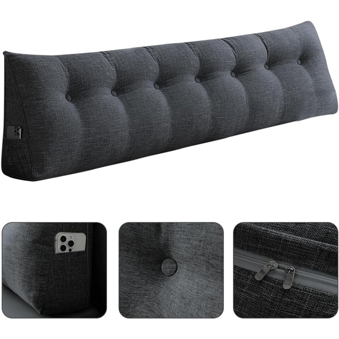 Подушка-клін, трикутна, валик для шиї, велика подушка для спини, бавовна та льон, підставка для читання для ліжка, подушка для читання, знімна (темно-сіра, 200 x 50 x 20 см, бавовна та льон) Темно-сіра бавовна та льон 200*50*20 см
