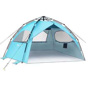 Пляжний намет Glymnis Quick Up, автоматичний пляжний намет, захист від ультрафіолету 50, вітрозахисний, невеликий розмір у упаковці, синій, пляжний намет для 4-6 осіб, синій зі срібним вінілом