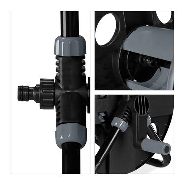 Котушка для шланга Relaxdays, 30 м, 1/2, сталь, пластик, тримач шланга, 38 x 42 x 31 см, чорний/сірий