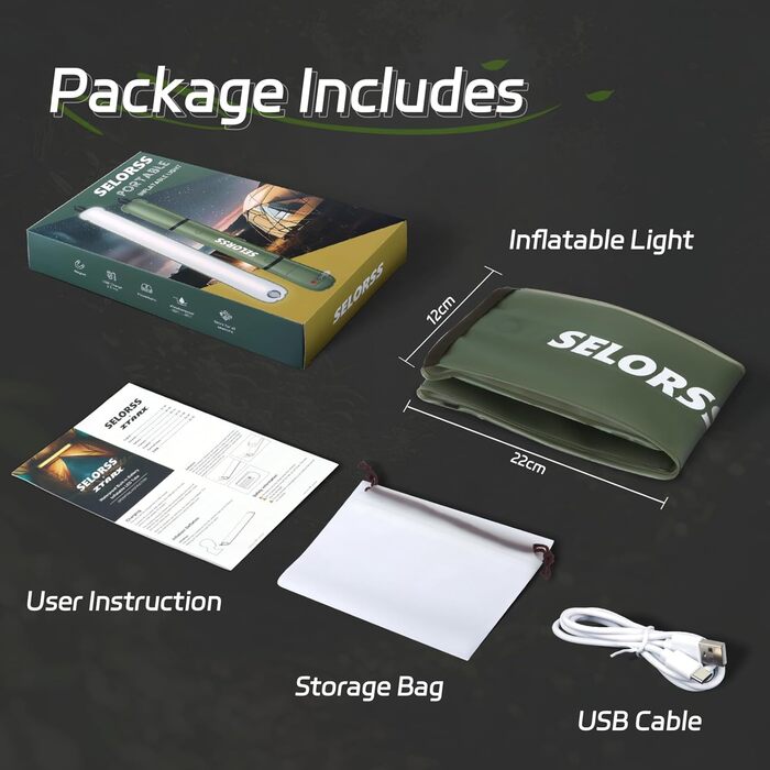 Надувні кемпінгові ліхтарі SELORSS, 86 см, складний телескопічний ліхтар, портативний світлодіодний вуличний ліхтар ємністю 2000 мАг, водонепроникний IP66, з регульованою яскравістю, для кемпінгу, походів, подорожей, фестивалів зелений, один комплект