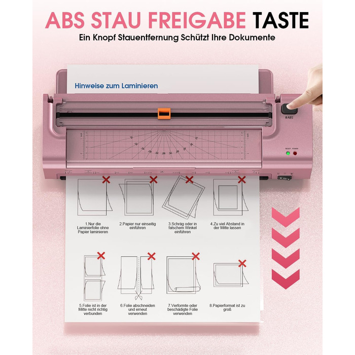 Дюймовий ламінатор A3/A4 з 20 пакетами для ламінування, гарячий та холодний ламінатор, ABS-пластик із захистом від застрягання, 10-в-1 ламінатор з різаком, тримером та закруглювачем кутів для офісу, школи та дому (шовково-червоно-сріблястий), 13-