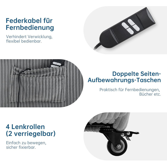 Моторне електричне крісло-реклайнер, крісло для телевізора з функцією відкидання, крісло для телевізора у вітальні з колесами, регульована спинка та підставка для ніг, 2 бічні кишені, вельветовий диван, світло-сірий, 2-