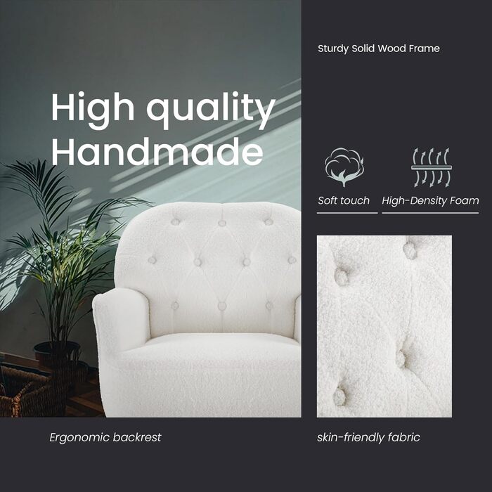 Крісло IWMH для спальні або вітальні, крісло-шезлонг зі штучного хутра, зручне з підлокітниками та бічною кишенею, затишне м&39яке крісло, крісло для читання з металевими ніжками (біле)