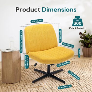 Широке офісне крісло COLAMY, м&39яке офісне крісло без підлокітників, поворотне крісло для домашнього офісу, функція гойдання 115, ергономічне комп&39ютерне крісло для домашнього офісу, макіяжу, ігор (хрестова основа, жовтий)