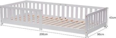Дитяче ліжко ecomi 90x200 Ліжко на підлогу Дитяче ліжко із захистом від падіння та рейковою основою для дітей Дитячі ліжка для дівчаток та хлопчиків Масив сосни білого кольору 200 x 90 см Білий