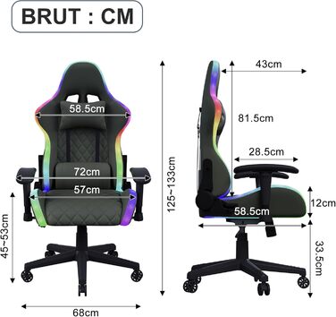 Геймерське крісло, ергономічне офісне крісло з RGB LED-підсвічуванням, масаж поперекового відділу сидіння, регульоване, підголівник, поперекова підтримка, висока спинка, кут нахилу 135, чорний колір