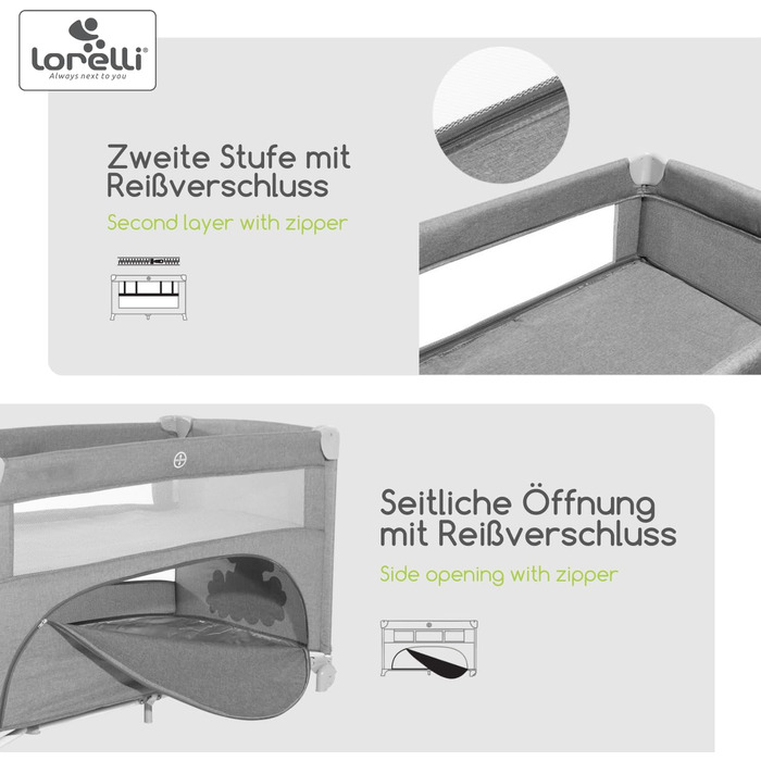 Дитяче ліжечко Lorelli 3-в-1, приліжкове ліжечко та манеж, що розкладається вгору та вниз, 2-рівневе дитяче ліжко з боковим входом та складною бічною панеллю, дитяче дорожнє ліжечко, бежево-коричневий колір