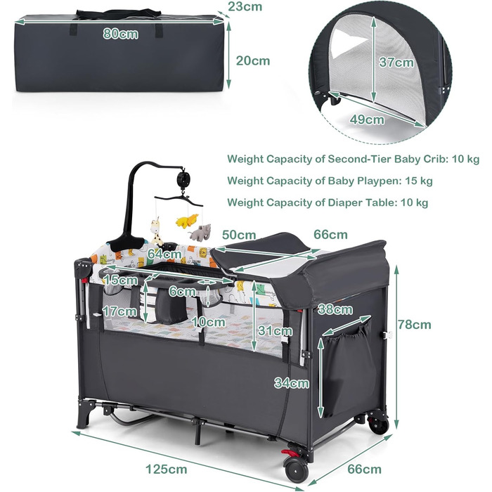 Дитяче ліжечко LIFEZEAL з матрацом, складне дитяче ліжечко з пеленальною дошкою та іграшками, дорожнє ліжечко з тканини Оксфорд, 2 рівні, регульована висота, вантажопідйомність 10/15/10 кг (сірий колір)