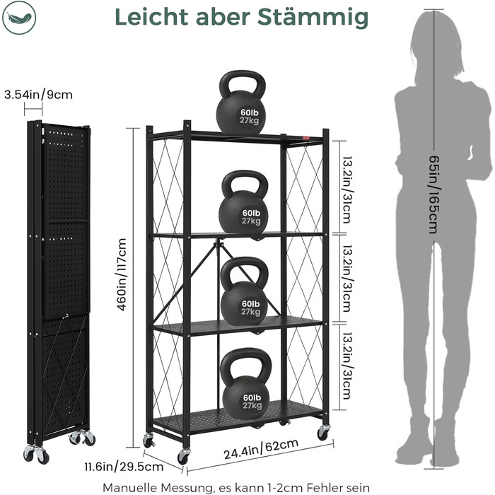 Складана полиця DEANIC, книжкова шафа на 4 полиці, кухонні полиці на колесах, металева полиця для вітальні, комора (61 x 116 x 28 см, чорна) чорна, 4 яруси