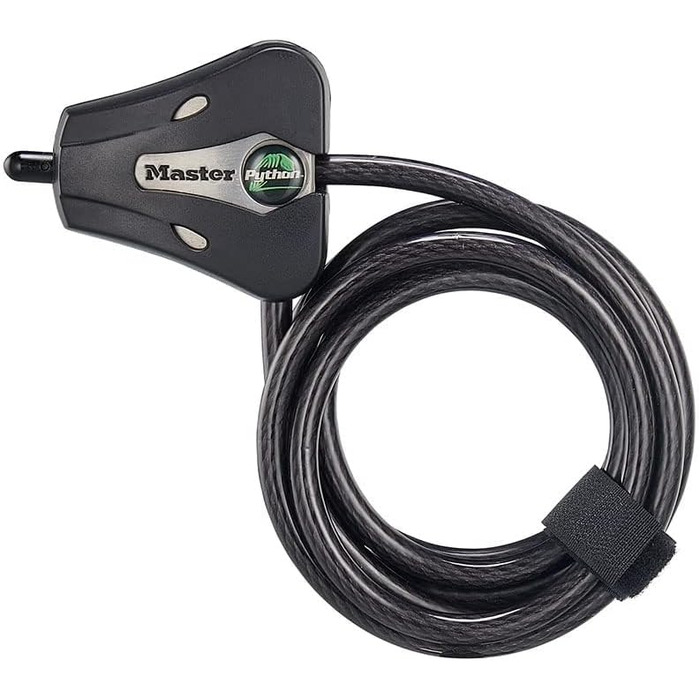 Велосипедний замок Master Lock 8418D Python з ключем, регульований металевий тросовий замок з атмосферостійким вініловим покриттям для спорядження для активного відпочинку, велосипедів, трейлерних камер, довжина 1,8 м, чорно-сріблястий, діаметр 6&39 x 5/1