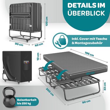 Розкладне ліжко KESSER 200x90 см, гостьове ліжко з матрацом з піни з ефектом пам&39яті та колесами Розкладне дорожнє ліжко з металевим каркасом для дорослих, вантажопідйомність до 250 кг Металеве ліжко з матрацом з піни та преміум-чохлом кольору антрацит