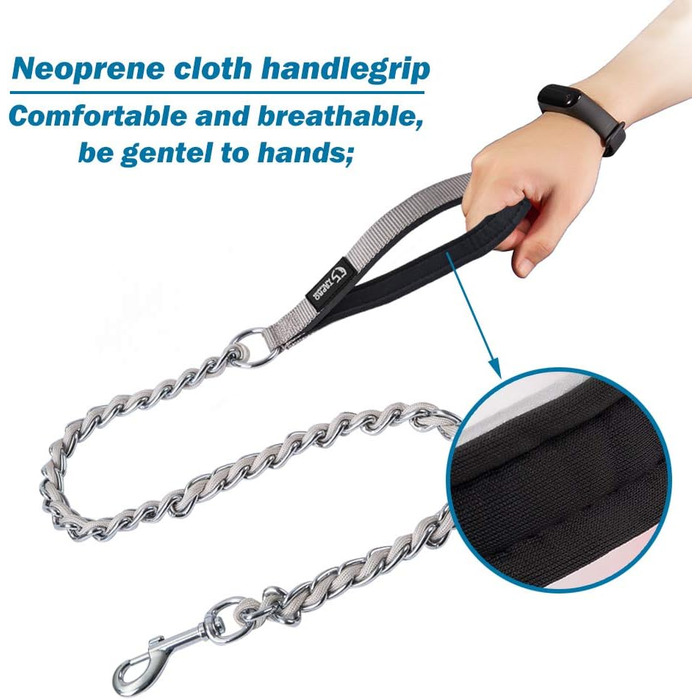 Ланцюговий повідок для собак Tspro, міцний проти укусів, з м'якою ручкою, металевий ланцюг для середніх та великих собак, з D-кільцем з нержавіючої сталі, анти-гризучий, сірий (3 мм, 110 см)