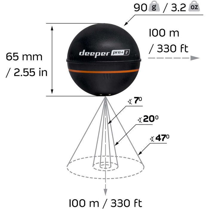 Ехолот для ехолота Deeper Smart Sonar Pro 2 із вимірювачем глибини та GPS-передавачем Риболовля на байдарці, човні або підлідна з безкоштовним додатком