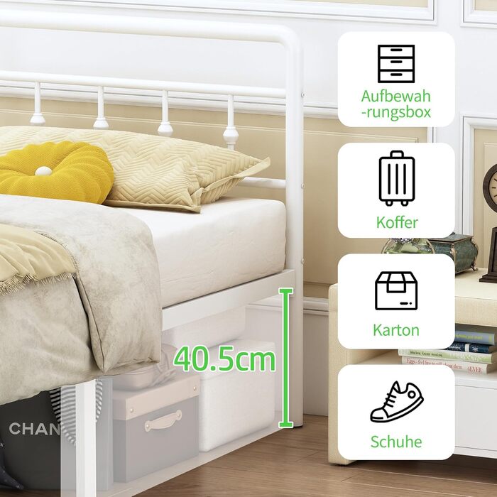 Металеве ліжко EMODA 140 x 200 см з узголів&39ям та узніжжям, каркас ліжка заввишки 46 см, міцний каркас ліжка, легке складання, безшумне, біле DE 140 x 200 см Біле