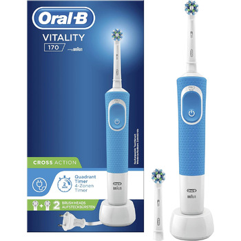 Електрична зубна щітка Oral-B, акумуляторна, Vitality 170, коливальний і обертовий рух, акумулятор тривалого терміну служби, 2 насадки для щітки та 1 зубна щітка, синій, ідея для подарунка