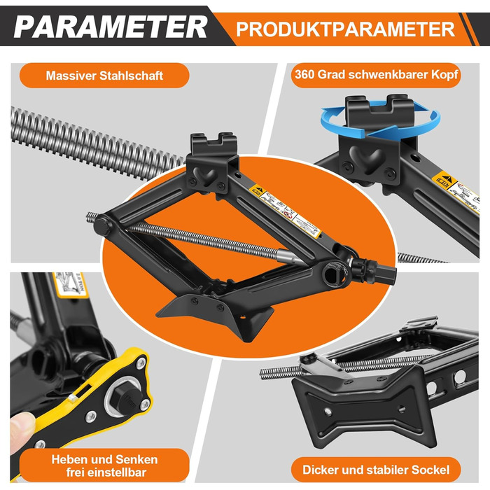 Домкрат з храповим ключем, домкрат ножичний для легкового автомобіля та позашляховика - 2 тонни Комплект автомобільного підйомника-Домкрат-ножиці Портативний, ідеально підходить для обслуговування та ремонту, діапазон ходу від 105 до 385 мм