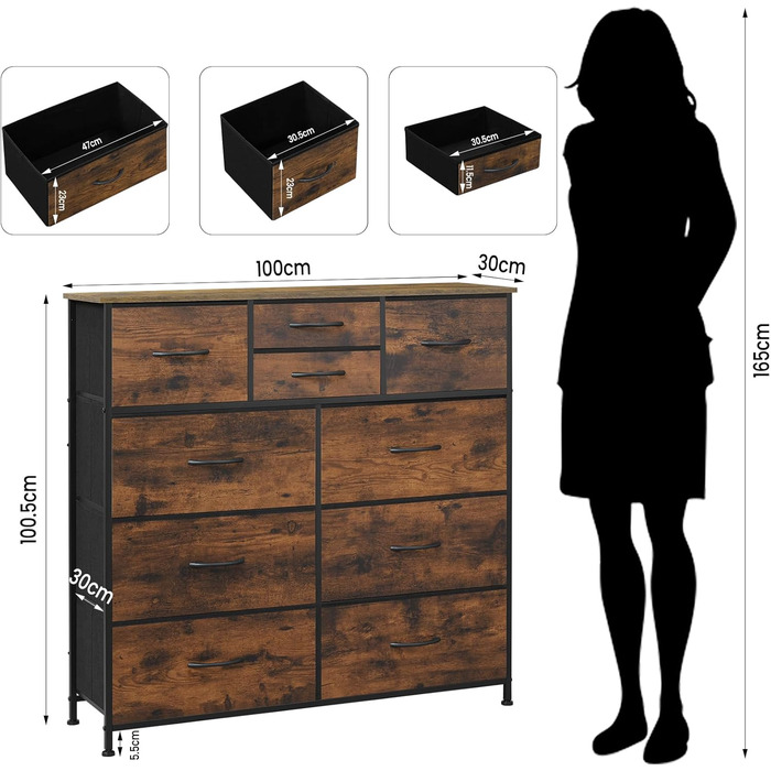 Комод WOLTU з 10 тканинними шухлядами, сервант для вітальні, комод для спальні, шафа для передпокою, металевий каркас, індустріальний стиль, вінтажний коричневий чорний, SSK009shm вінтажний коричневий чорний 10 тканинних шухляд