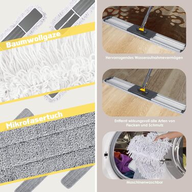 Плоска швабра HEVOL, плоска швабра з регульованою ручкою з нержавіючої сталі 154 см, велика швабра з 2 мікрофібровими насадками та