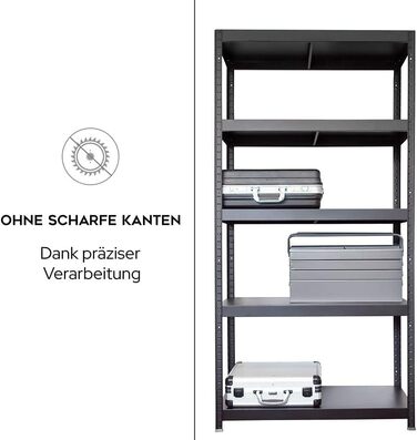 Міцний стелаж - ВxШxГ 180 x 90 x 40 см - Чорний - Вантажопідйомність 650 кг - Стелаж без болтів з 5 полицями - Навантаження на полицю 130 кг - Зроблено в ЄС - Міцний металевий стелаж - Легке складання - Для майстерні та складу