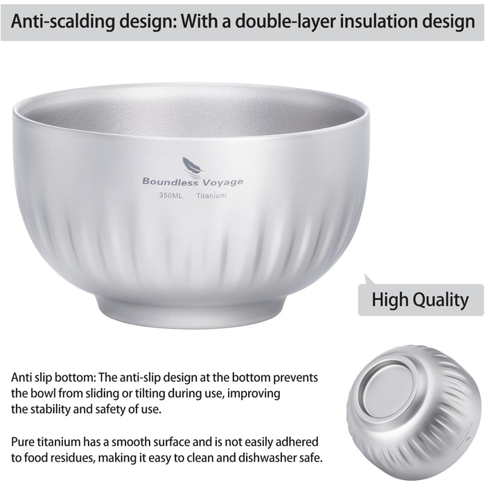 Мл титанова чаша з подвійними стінками, вівсянка, рисовий суп, надлегка портативна чаша для кемпінгу на свіжому повітрі, металева чаша Ti1164T 350 мл Ti1164t, 350