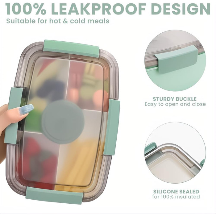Ланчбокс Bugucat для дорослих 2000 мл, герметичний контейнер для обіду з роздільниками, бento-бокс для дітей, контейнер для салату з виделкою, для школи, офісу, темно-зелений 2000 мл